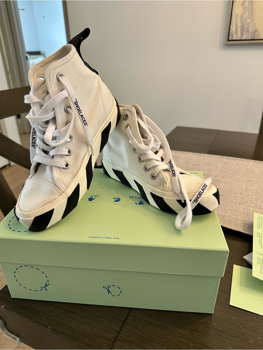 AUTHENTIC OFF White High-Top Canvas Sneakers with Black Stripe Sole